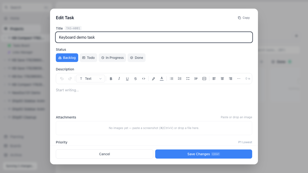Task modal with compact description