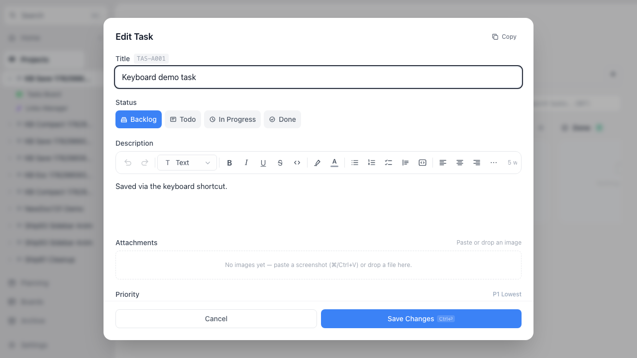 Task reopened showing the saved description