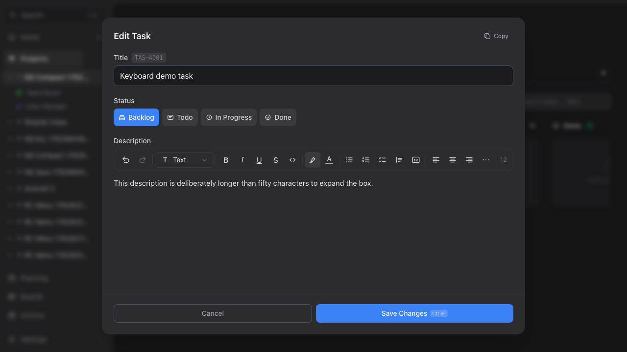 Task modal with expanded description