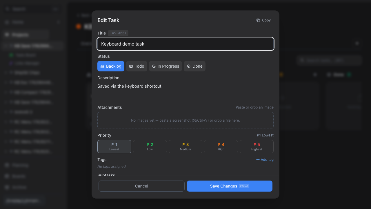 Task reopened showing the saved description