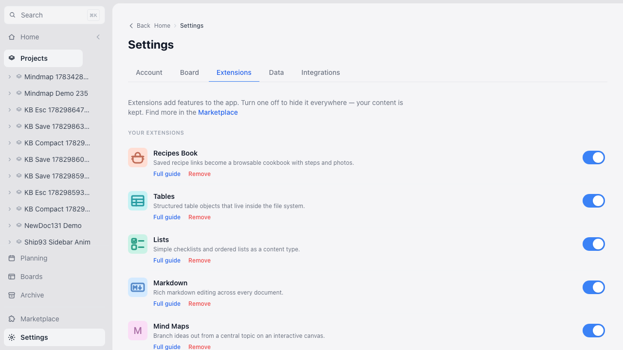 Mind Maps listed in the Extensions settings tab