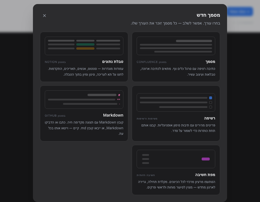 Dialog in dark mode, Hebrew, right-to-left