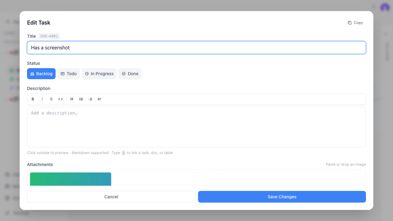Task modal with the pasted image in the Attachments section