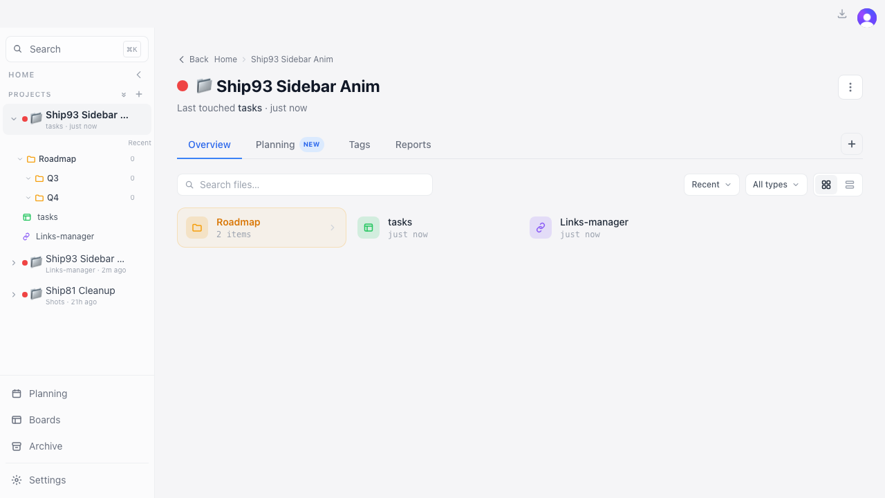 Sidebar with the Roadmap folder expanded, showing Q3 and Q4